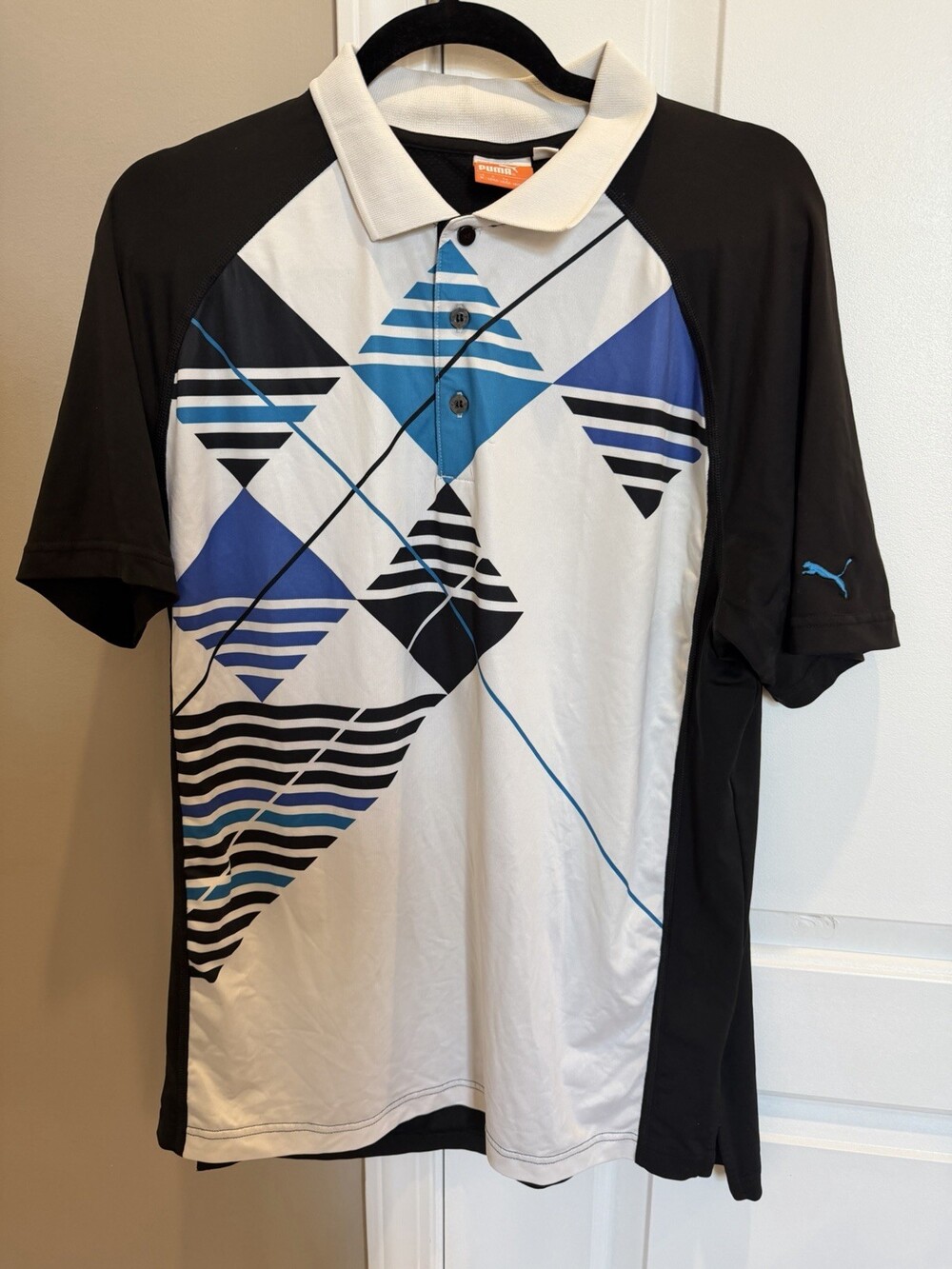PUMA Men's Golf Polo Shirt M Black/White/Blue Geometric Short Sleeve size Medium